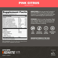 Glass of MTN OPS Ignite Lite pink citrus drink with vibrant color and flavor appeal.