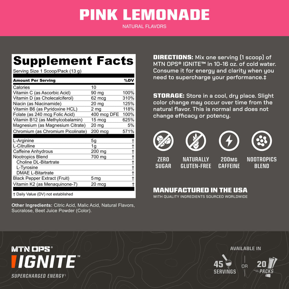 MTN OPS Ignite Pink Lemonade powder mixes quickly for smooth hydration support.