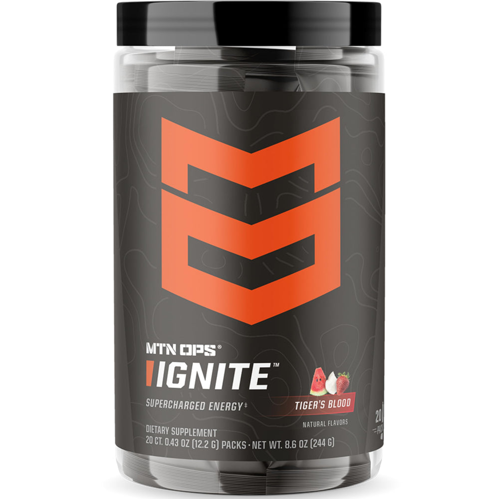 MTN OPS Ignite Trail Packs tub with scoop ready for an energy boost