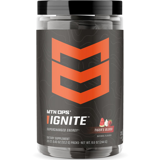 MTN OPS Ignite Trail Packs tub with scoop ready for an energy boost