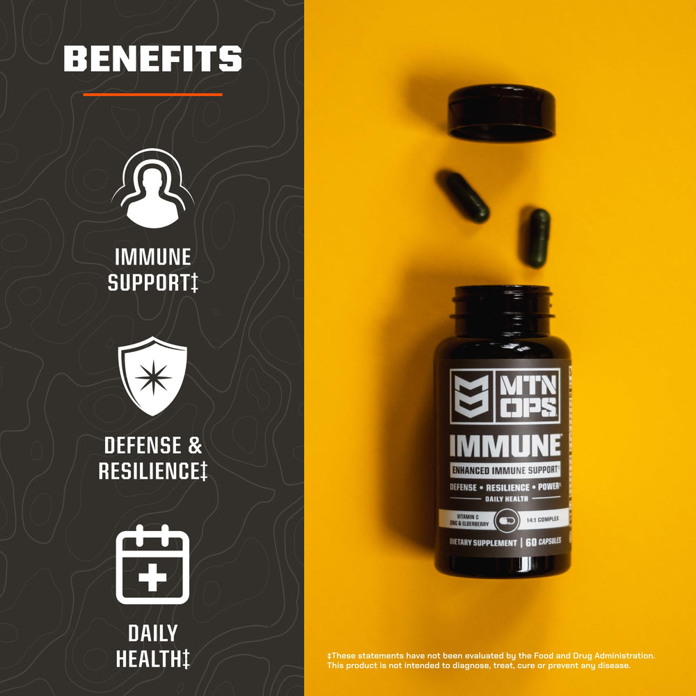MTN OPS Immune ingredients panel highlights vitamin C, zinc, elderberry and echinacea.