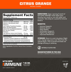 MTN OPS Immune STM citrus drink in a glass, refreshing flavor.