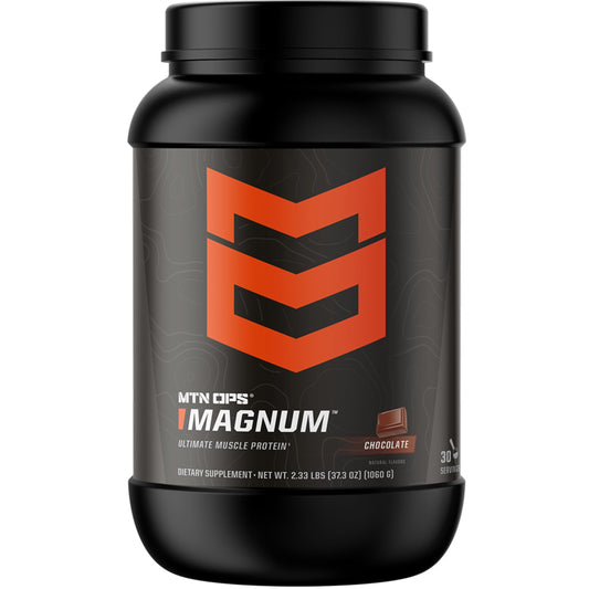 MTN OPS Magnum Chocolate protein tub on shelf for post-workout fueling.