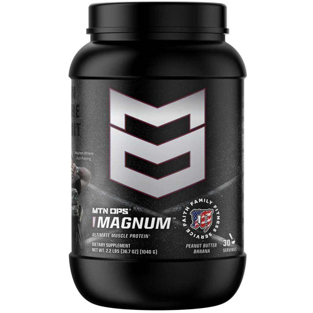 MTN OPS Magnum peanut butter banana powder bottle ready for post-workout fueling.