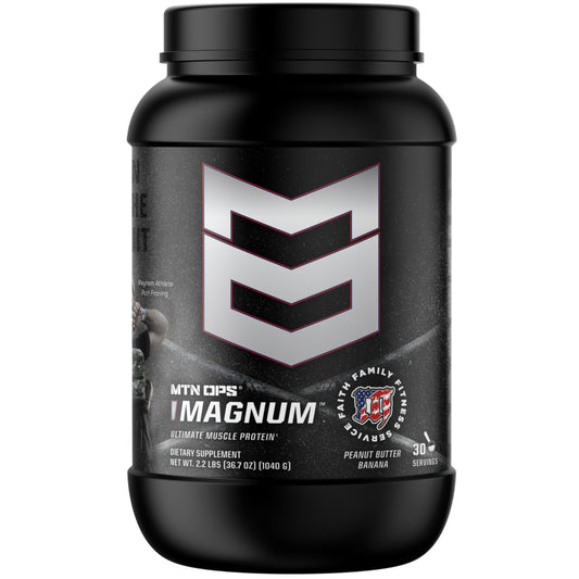 MTN OPS Magnum peanut butter banana powder bottle ready for post-workout fueling.