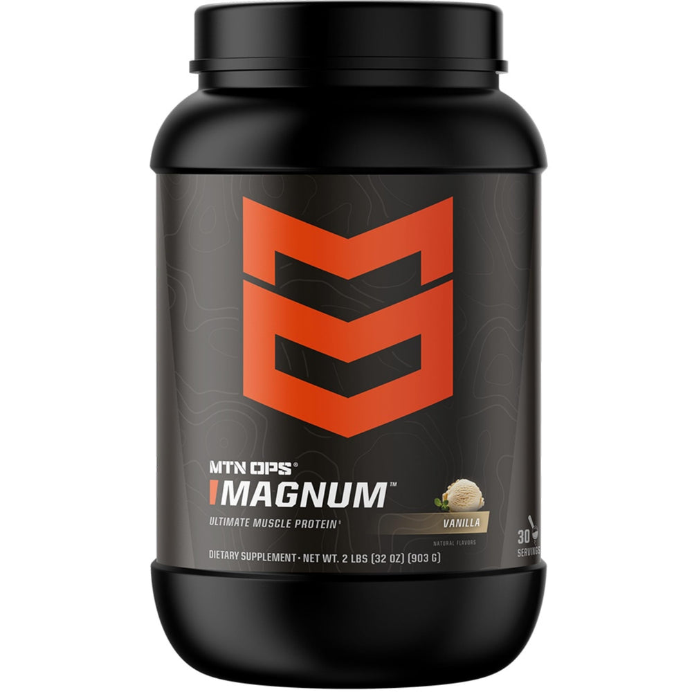 MTN OPS Magnum Vanilla tub shown for post-workout protein blend for lean recovery