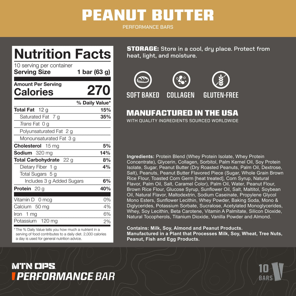MTN OPS Peanut Butter Bliss bar close-up shows creamy texture and 20g protein