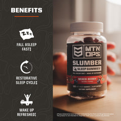 MTN OPS Slumber Gummies in mixed berry flavor invite a calm wind-down.