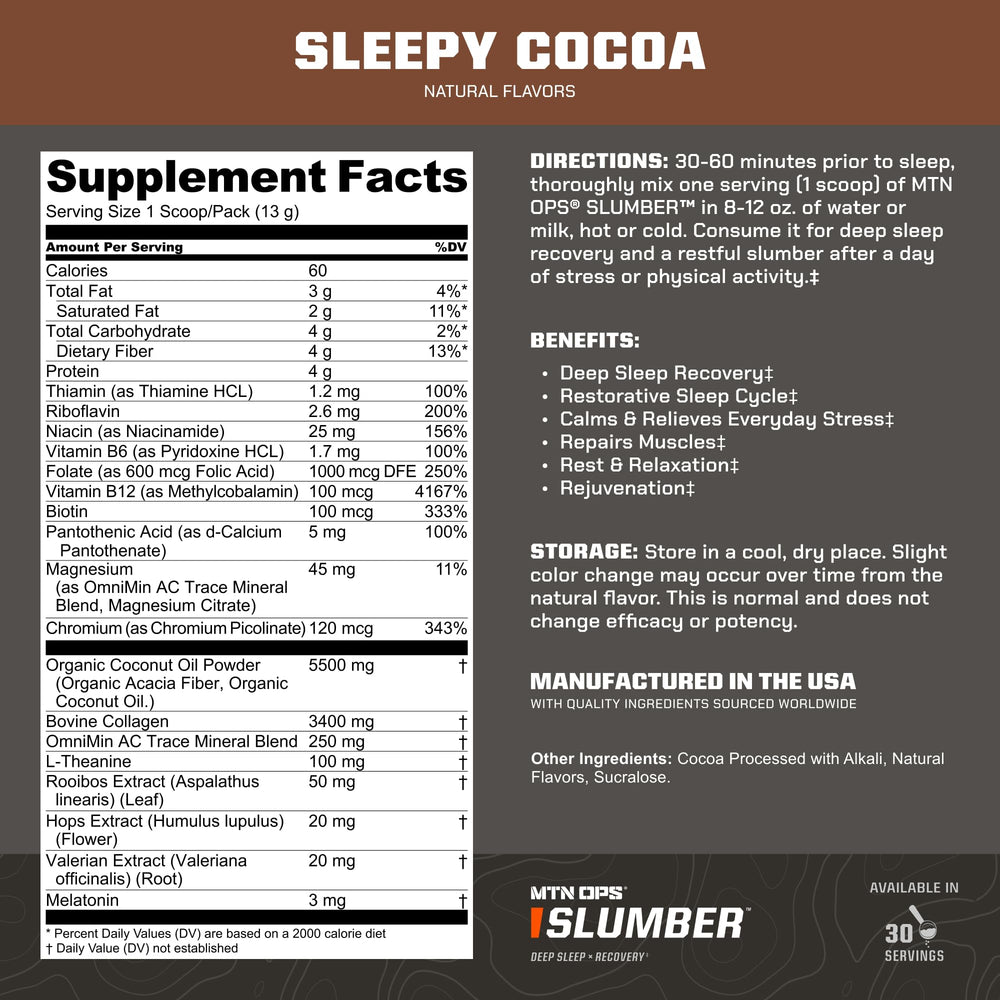 MTN OPS Slumber scoop beside powder for precise pre-bed dosage.