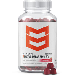 MTN OPS Vitamin D3 K2 Gummies bottle label showcases gluten-free, clean ingredients for daily wellness.