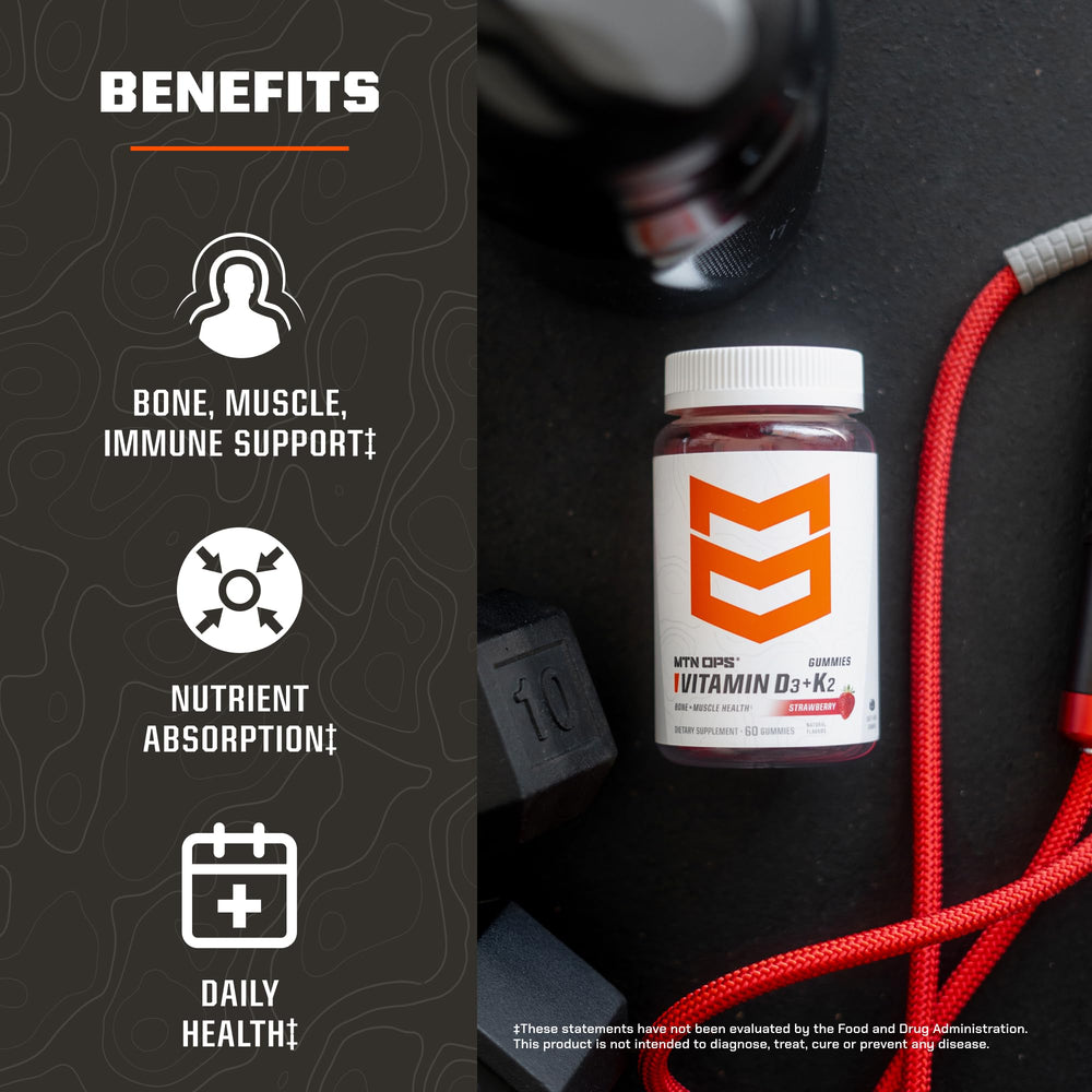 MTN OPS Vitamin D3 K2 Gummies pile demonstrates chewy servings for easy daily supplementation.
