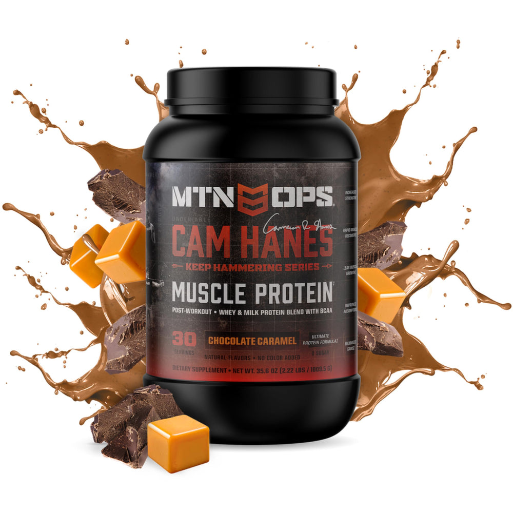 MTN OPS Chocolate Caramel bottle presents a flavorful protein option after training.