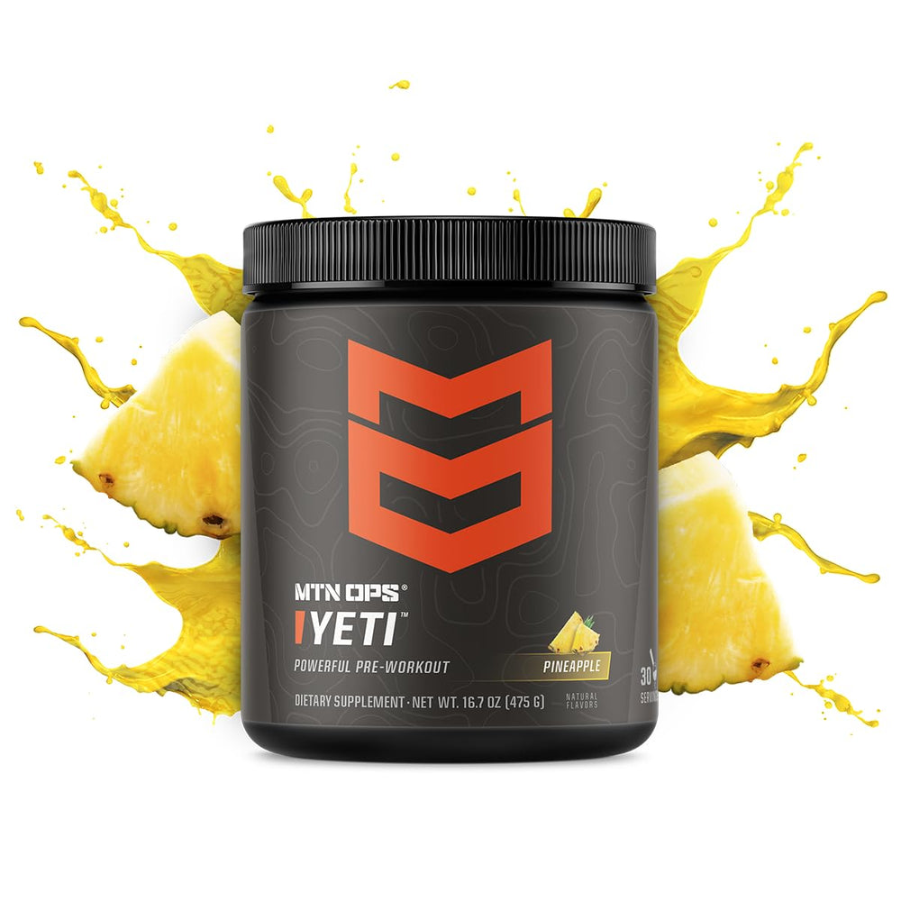 MTN OPS Yeti pineapple-crush powder in tub highlights vibrant flavor for a refreshing workout boost.