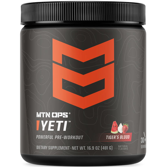 MTN OPS Yeti pre-workout bottle front with Tiger's Blood flavor for bold energy before training.