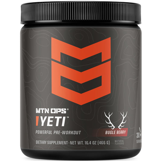 MTN OPS Yeti Pre-Workout tub front view highlighting clean energy formula for focused training.