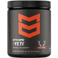 MTN OPS Yeti Pre-Workout tub front view highlighting clean energy formula for focused training.