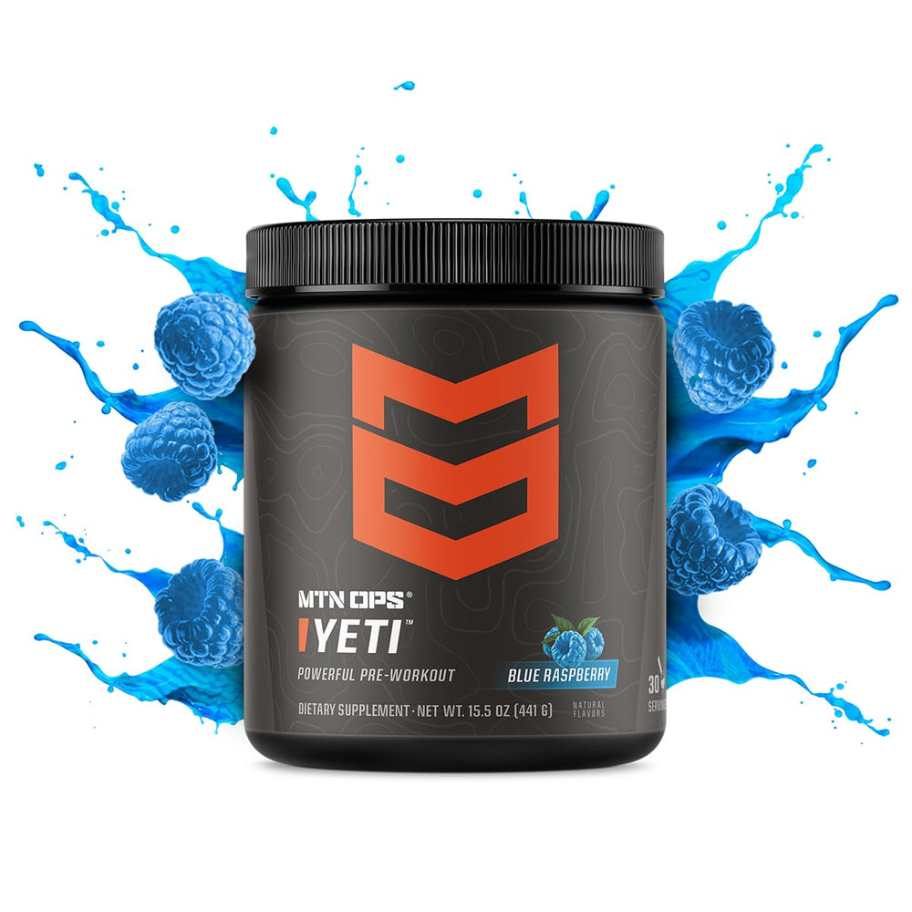 MTN OPS Yeti pre-workout tub label detail highlighting ingredients and zero sugar