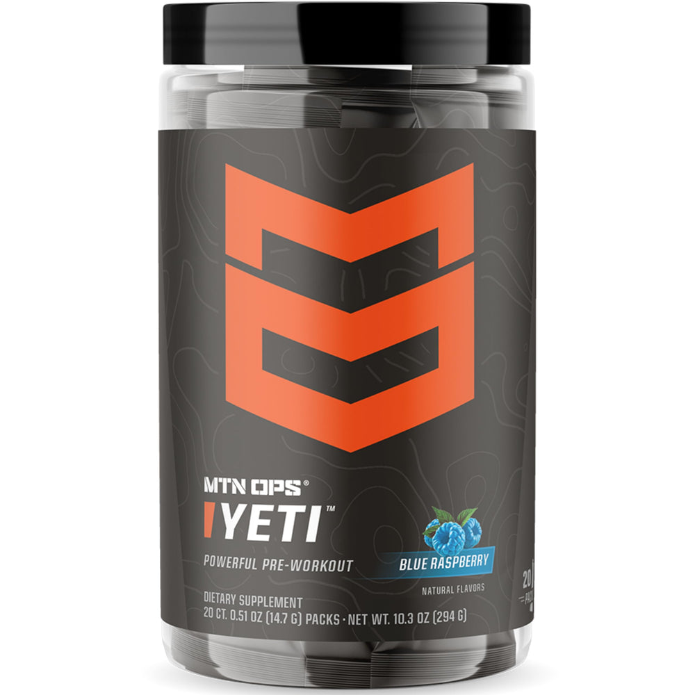MTN OPS Yeti trail pack blue raspberry sachet for convenient pre-workout energy on the go