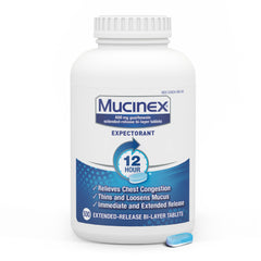 Mucinex 12-hour release bi-layer tablets shown for sustained chest congestion relief.