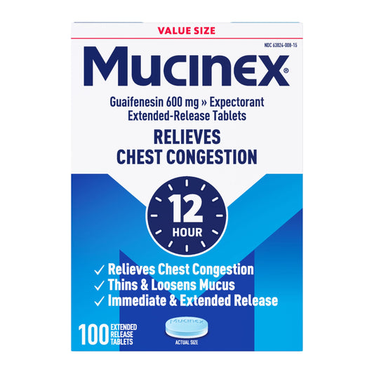 Mucinex 12-hour bottle front shows extended-release tablets for chest congestion relief.