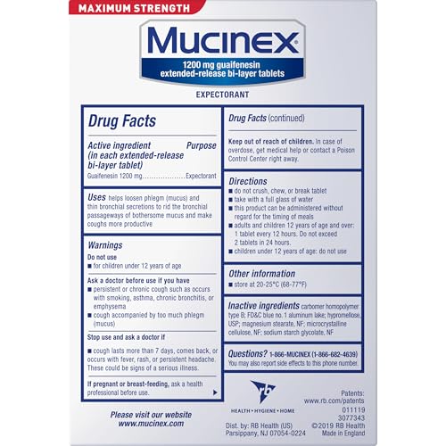 Close-up of Mucinex label highlighting 1200 mg guaifenesin for mucus relief