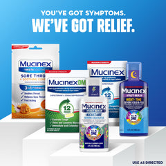 Mucinex bottle and glass of water ready for intake.