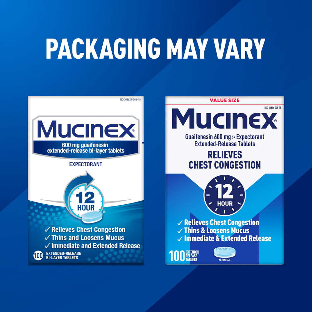 Mucinex box graphic highlights the 12-hour relief promise.