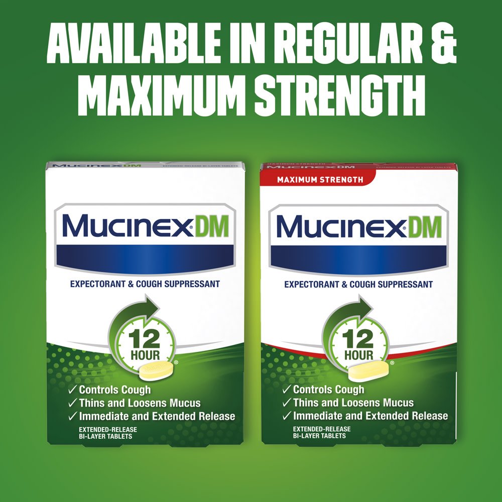 Mucinex DM 12 Hr bottle with label detail and medicine bottle vibe.