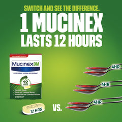 Mucinex DM 12 Hr max strength bottle front view highlighting label and dosage form.
