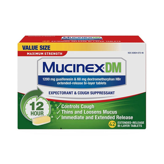 Mucinex DM 12 Hr max strength tablets on packshot for quick, extended relief.