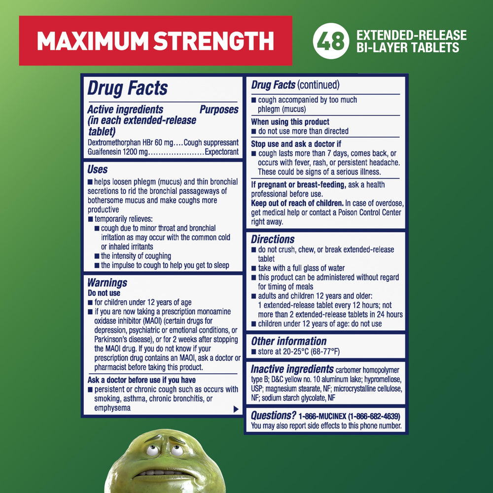 Mucinex DM 12Hr side panel with directions for adults 12+.