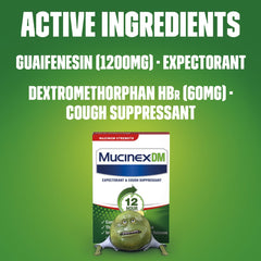 Mucinex DM 12 Hr tablets on blister closeup illustrating mucus-thinning action.