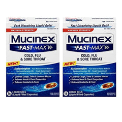 The Mucinex Fast-Max bottle front shows multi-symptom relief for cold and flu symptoms.