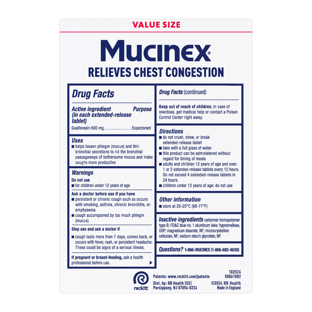 Mucinex label close-up shows active ingredient 600 mg guaifenesin.