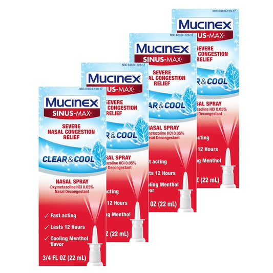 Mucinex nasal decongestant spray packaging showing quick congestion relief potential.