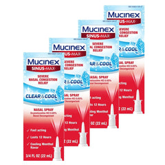 Mucinex nasal decongestant spray packaging showing quick congestion relief potential.