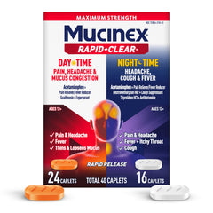 Mucinex Rapid Clear daytime caplets packaging showing fast relief for fever and body aches.
