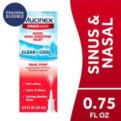 Mucinex Sinus-Max severe spray bottle focuses on nasal and sinus congestion relief.