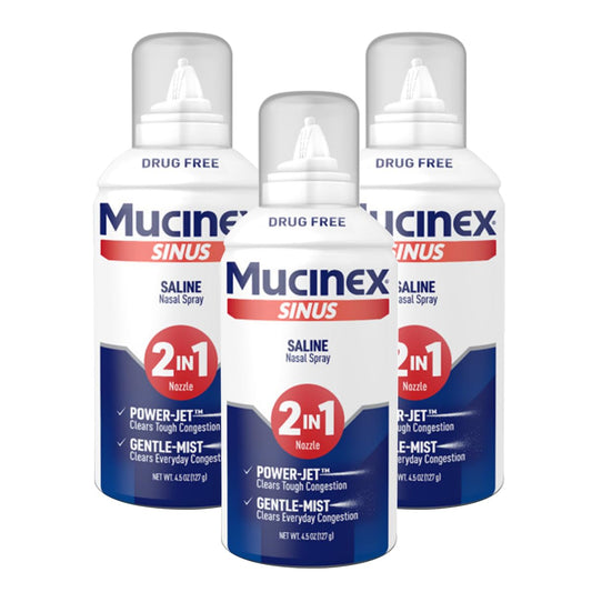 Mucinex Sinus Saline spray with jet nozzle for fast relief.