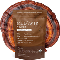 MUDWTR Nourish chocolate protein powder tub with rich cacao for steady energy