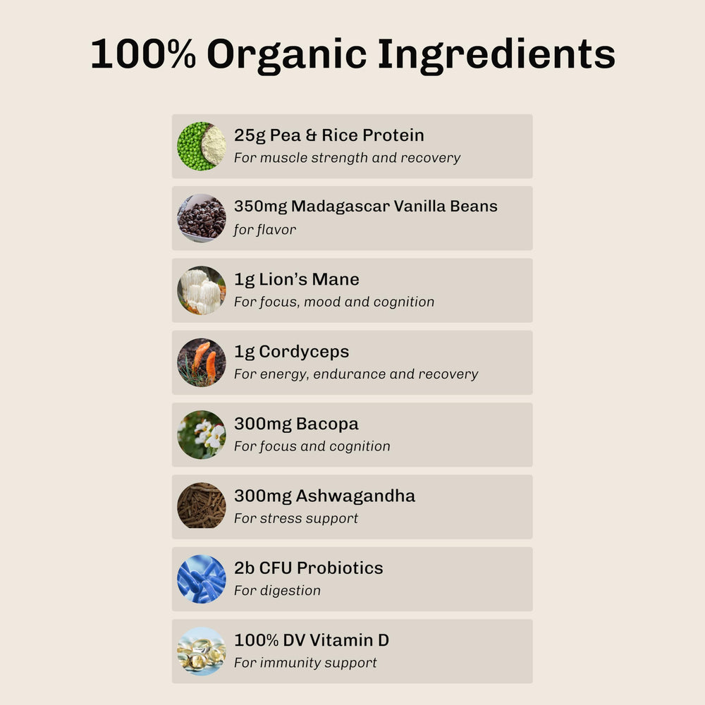 MUDWTR Nourish ingredients panel shows 25g plant-based protein per serving