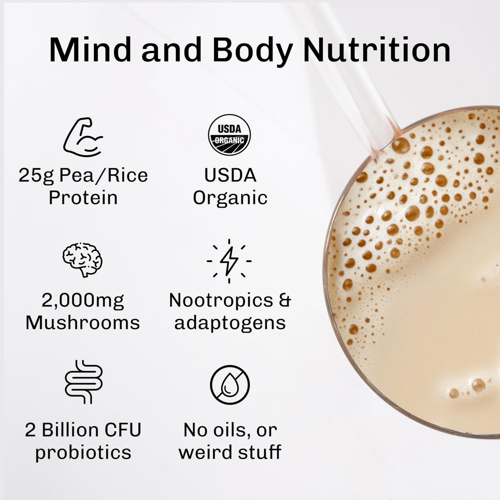 MUDWTR Nourish vanilla shake with scoop shows creamy, dairy-free texture