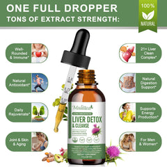 Mulittea Liver Health Drops with a glass of water showing easy daily use.