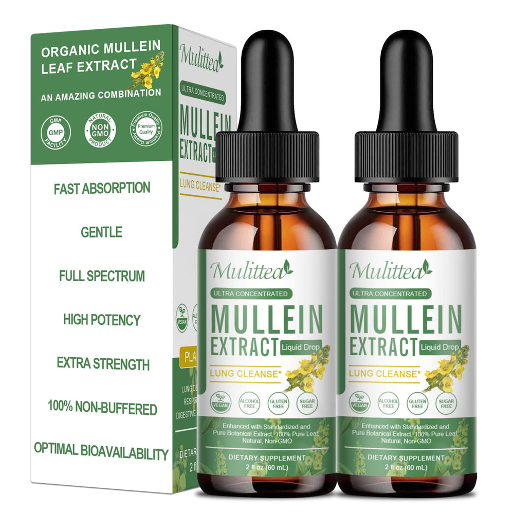 Mulittea Mullein Drops bottle for daily respiratory and digestive support.