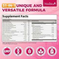 Mulittea multivitamin capsules close-up emphasizing 31 nutrients and botanicals for vitality