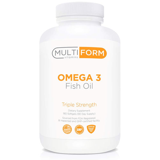 Multiform Omega-3 bottle with burpless coating for easy swallowing.