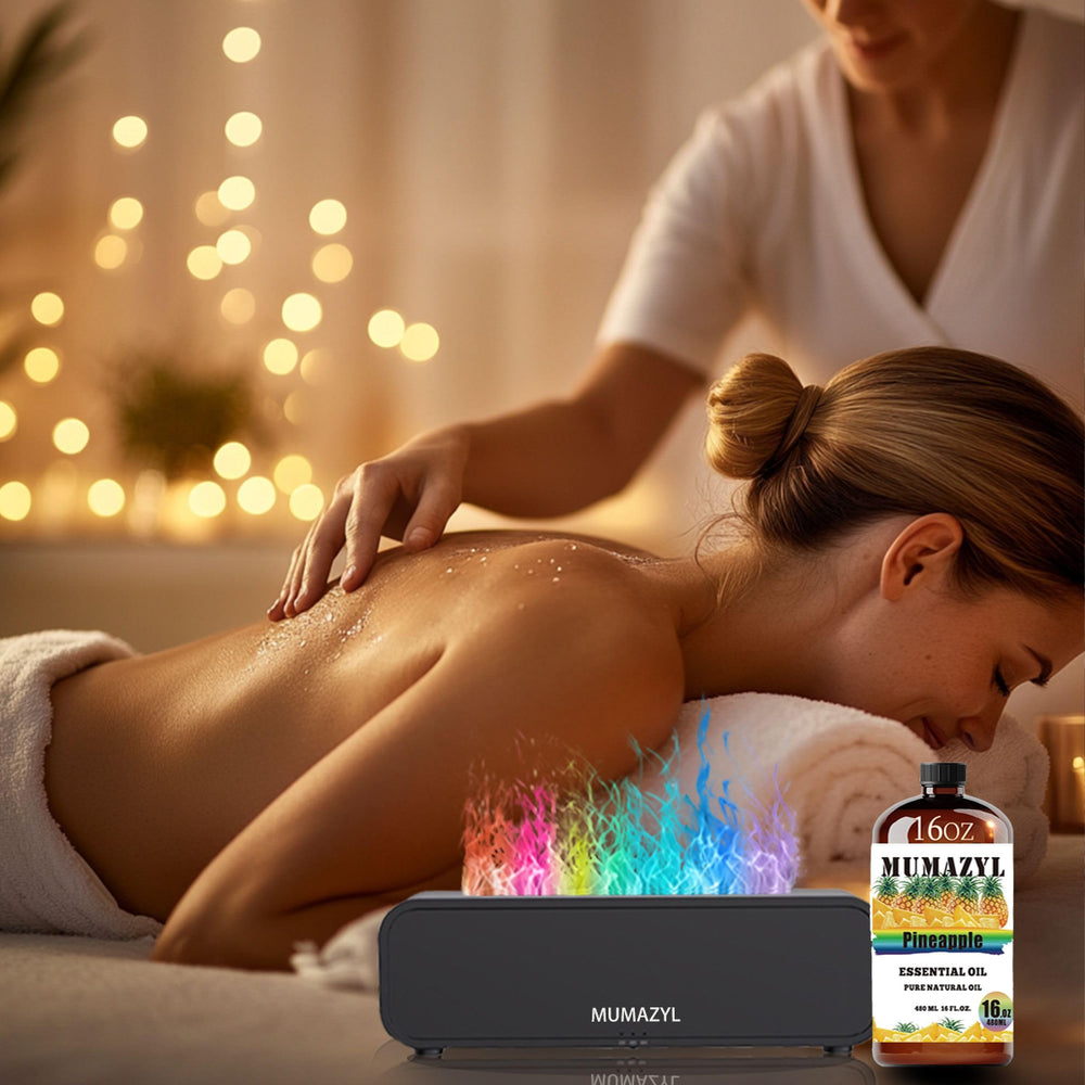 MUMAZYL pineapple essential oil in diffuser scene, tropical aroma