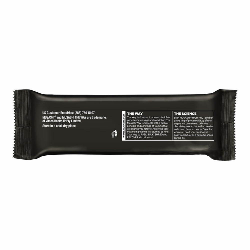 Musashi bar ingredients highlighted with whey protein isolate focus