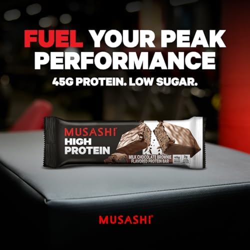 Musashi high-protein bar milk chocolate brownie slice shows appealing texture.