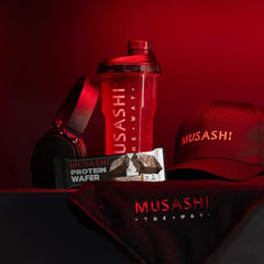 Musashi high-protein bar premium ingredients closeup including whey protein isolate.